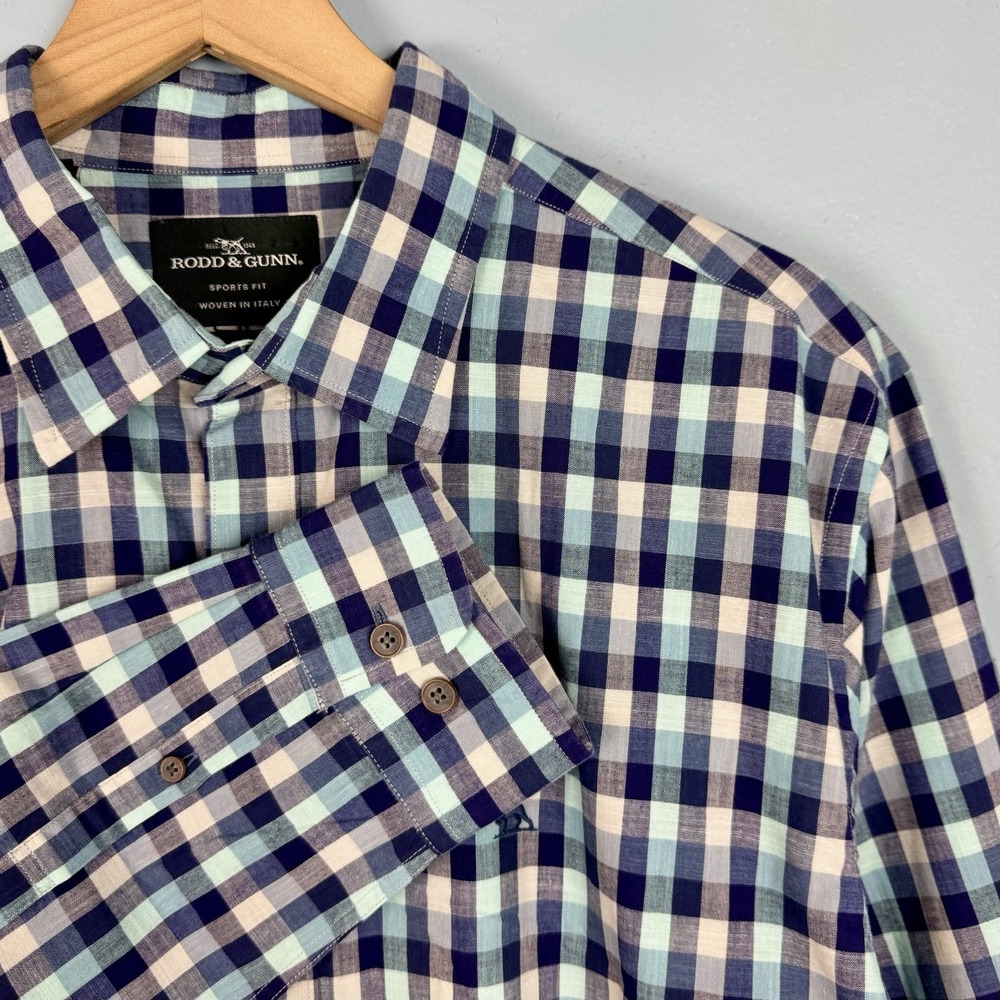Rodd‎ & Gunn Men's XL Sports Fit Button Up Long Sleeve Shirt Blue Gingham Plaid